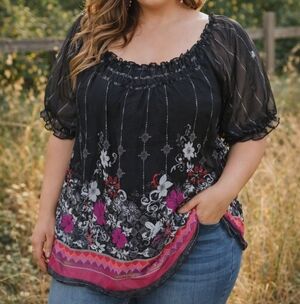 Contempo By Penningtons Plus Size Black Floral Puff Sleeve Sheer Blouse Boho Top
